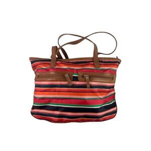 Bueno Striped Tote Zip Top Shoulder Bag Bright Brown Faux Leather Trim